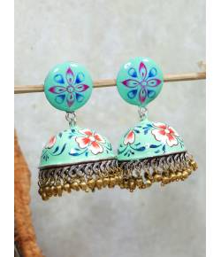 SwaDev Indian Designer Sky Blue Handpainted Meenakari Jhumka Earring SDJJE0002